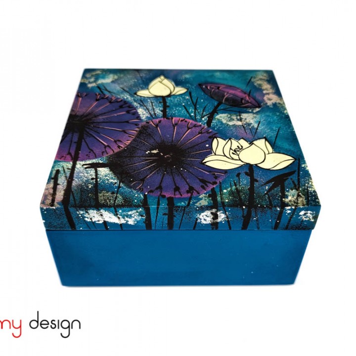 Blue square box 16 cm hand-painted with lotus